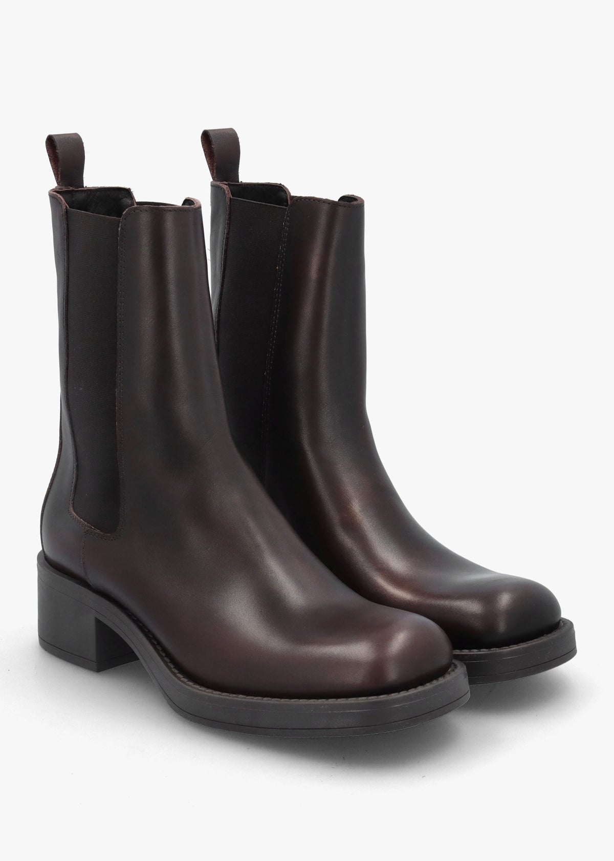 Dark Brown Leather Curved Square Toe Block Heel Chelsea Boots