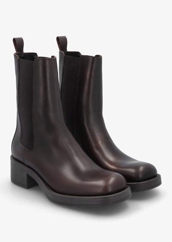Dark Brown Leather Curved Square Toe Block Heel Chelsea Boots