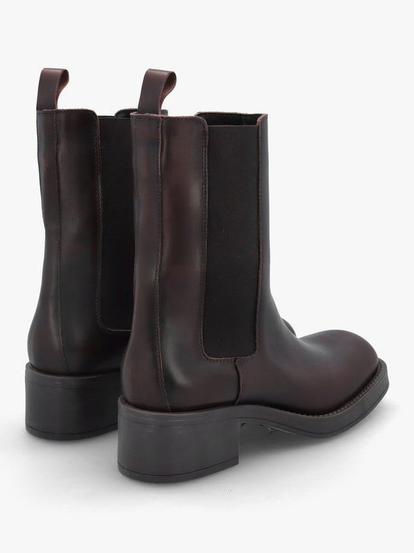 Dark Brown Leather Curved Square Toe Block Heel Chelsea Boots