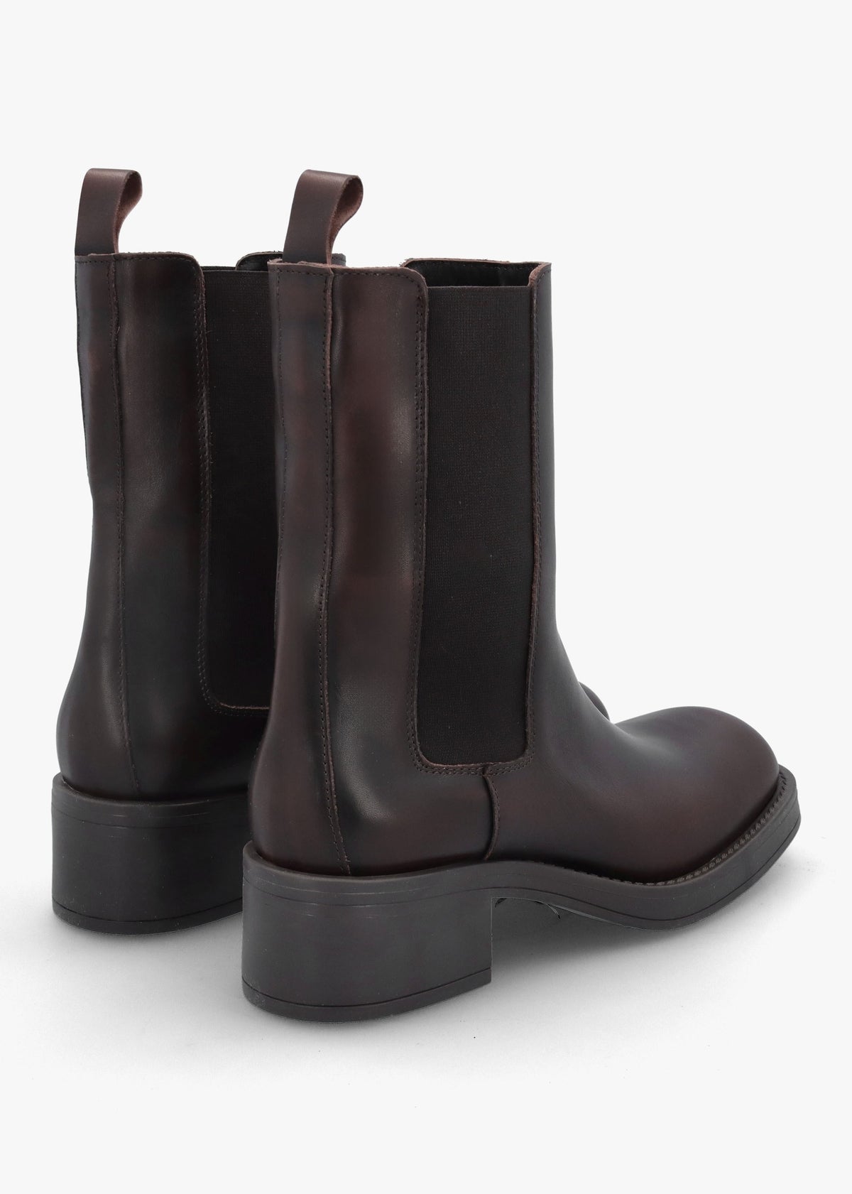 Dark Brown Leather Curved Square Toe Block Heel Chelsea Boots