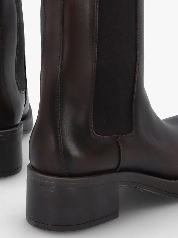 Dark Brown Leather Curved Square Toe Block Heel Chelsea Boots