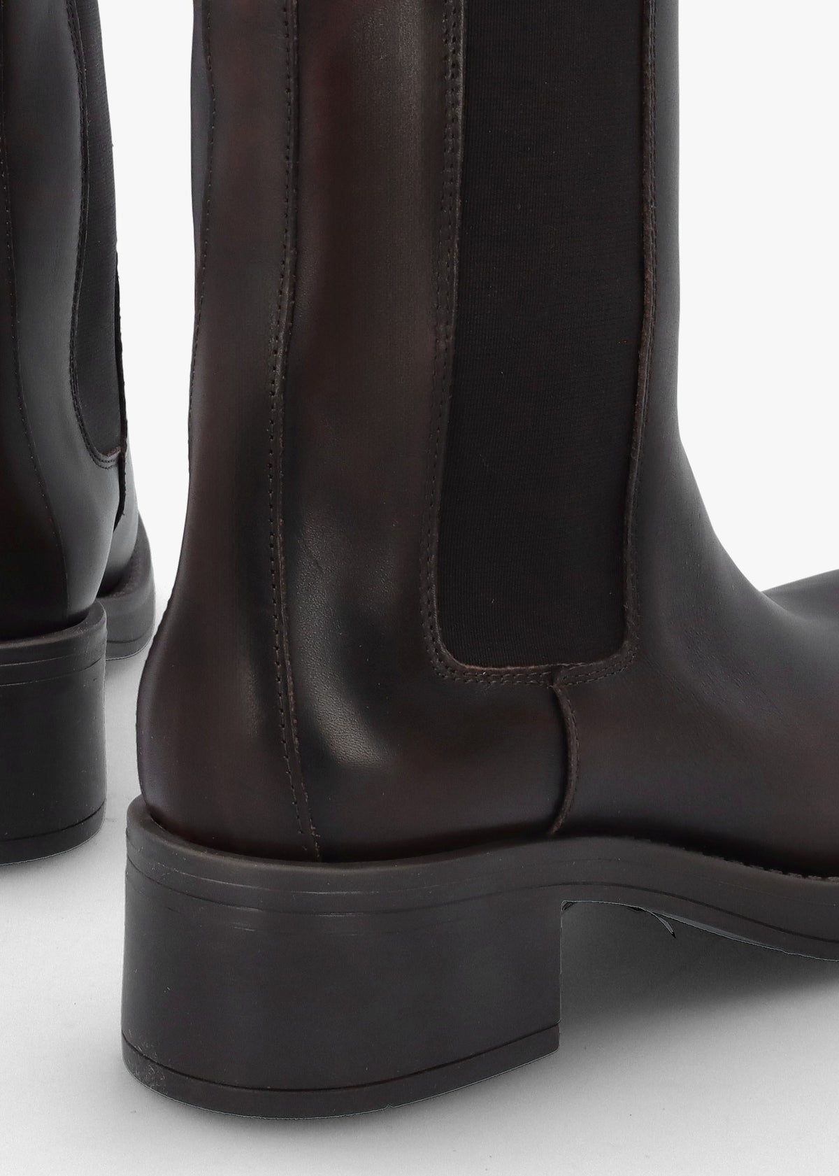Dark Brown Leather Curved Square Toe Block Heel Chelsea Boots