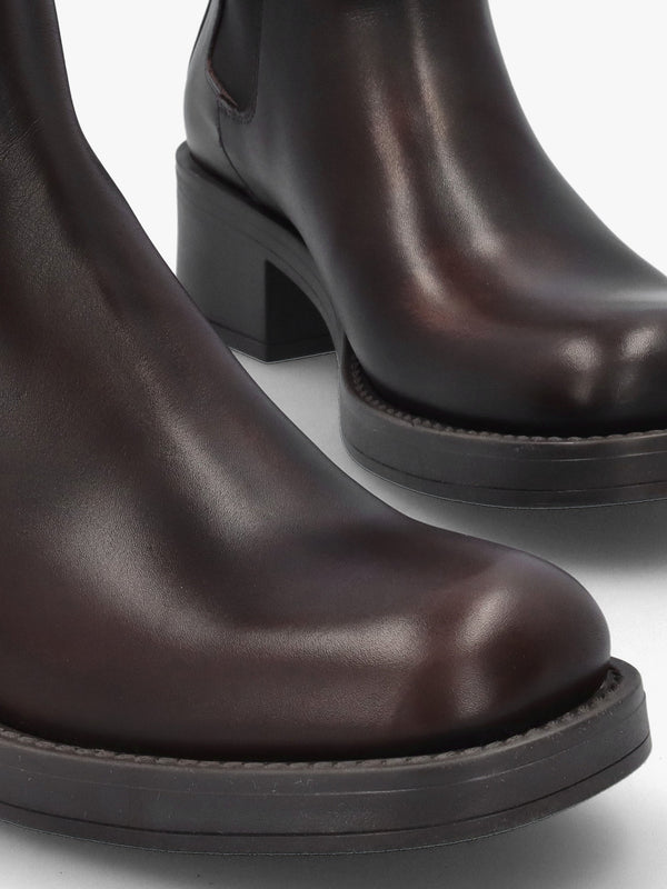Dark Brown Leather Curved Square Toe Block Heel Chelsea Boots