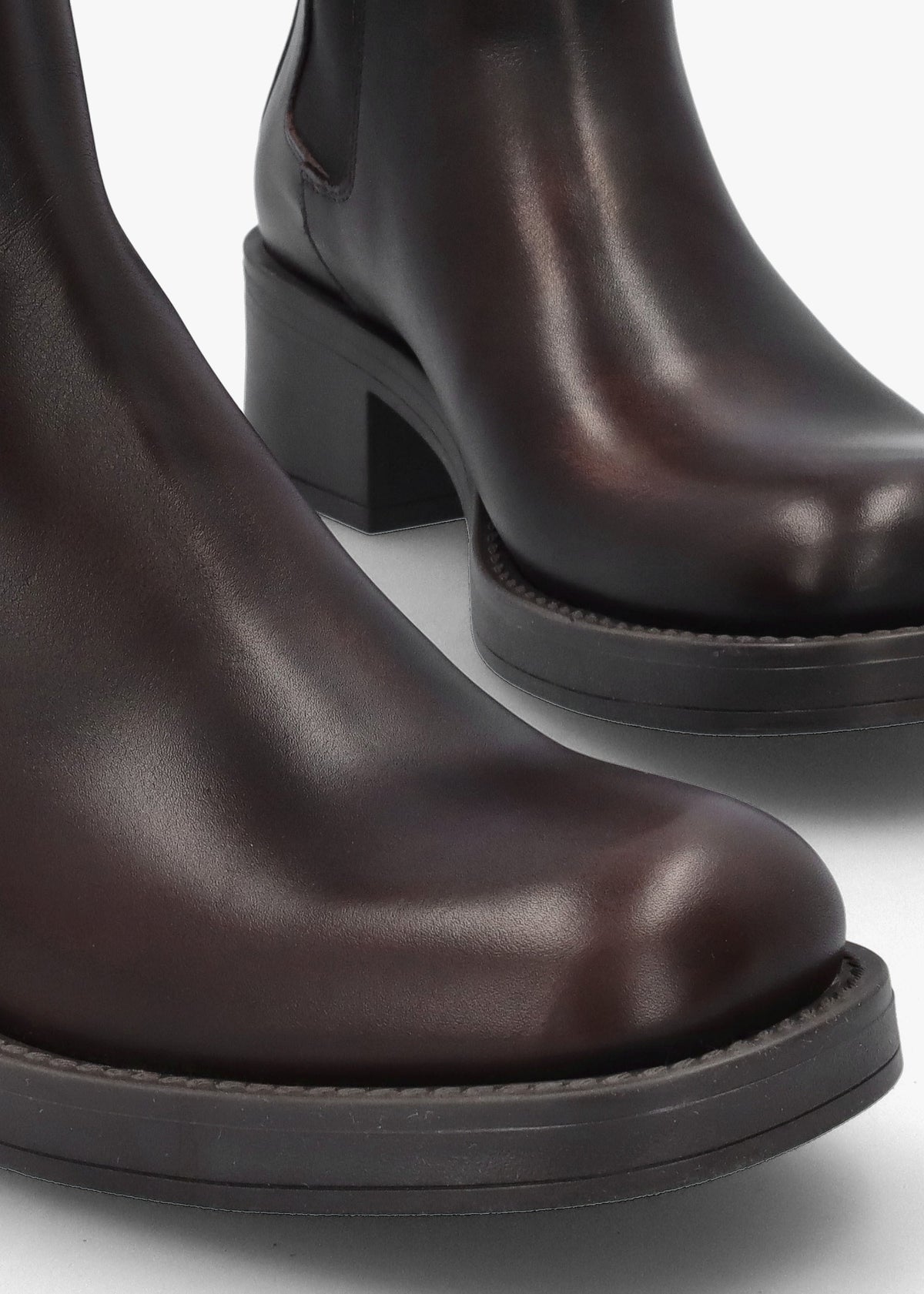 Dark Brown Leather Curved Square Toe Block Heel Chelsea Boots