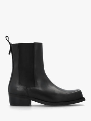 Black Leather Square Toe Stacked Heel Chelsea Boots