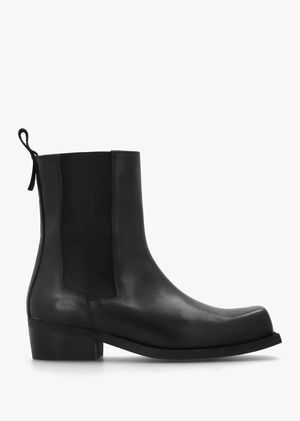 Black Leather Square Toe Stacked Heel Chelsea Boots