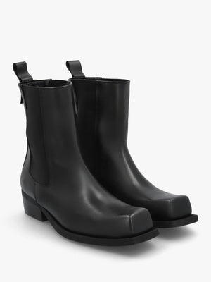 Black Leather Square Toe Stacked Heel Chelsea Boots