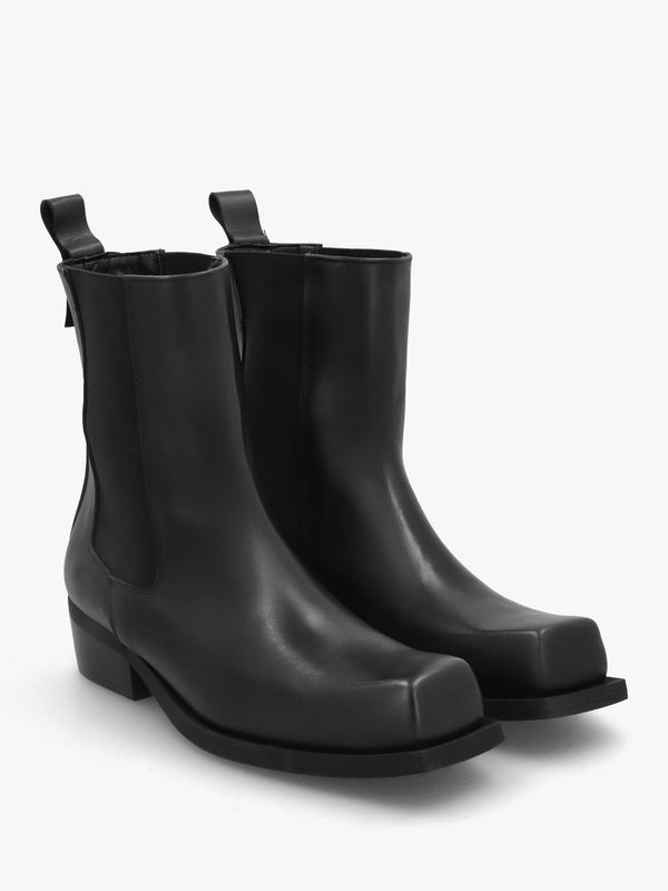 Black Leather Square Toe Stacked Heel Chelsea Boots
