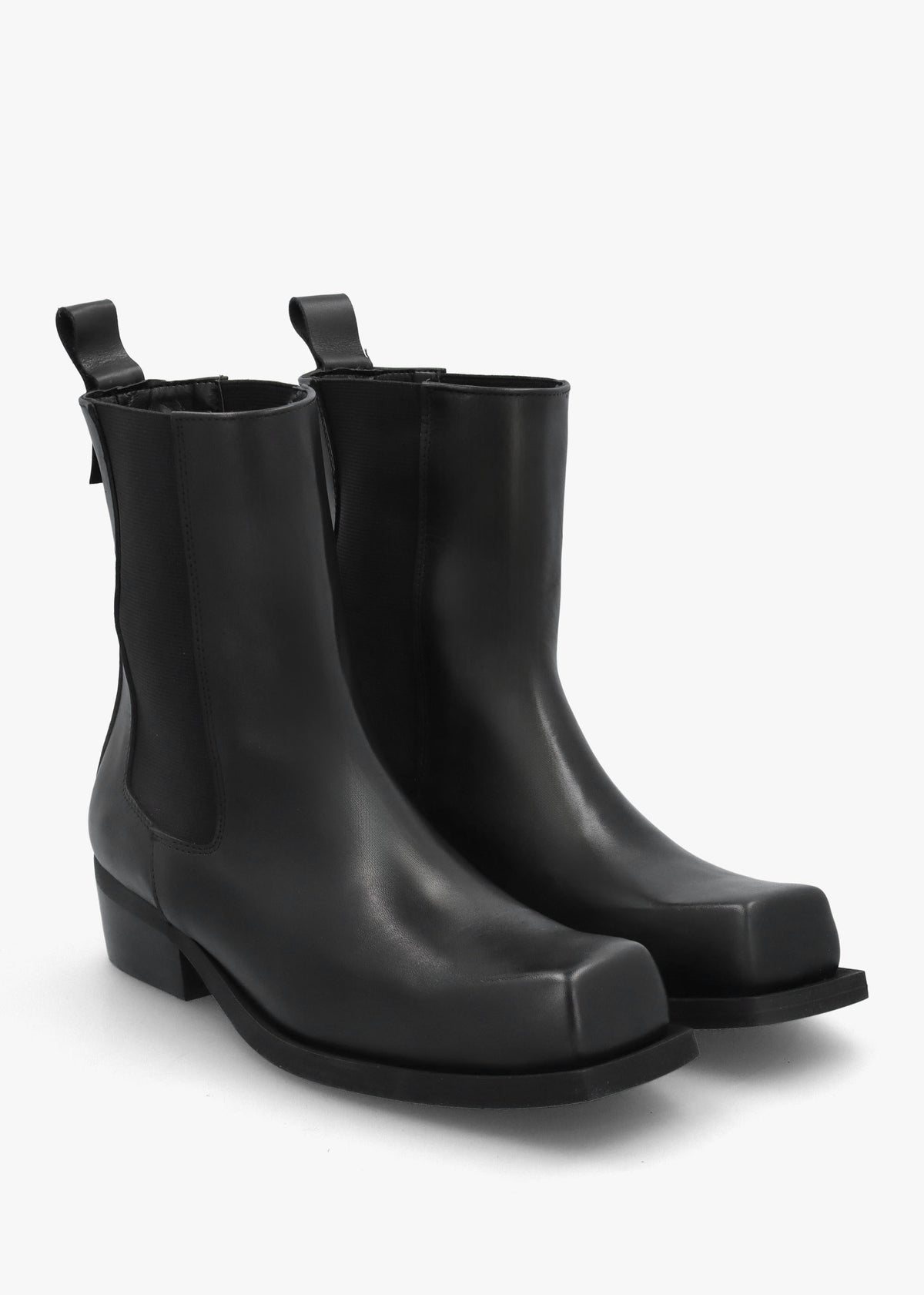Black Leather Square Toe Stacked Heel Chelsea Boots