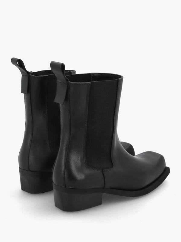 Black Leather Square Toe Stacked Heel Chelsea Boots