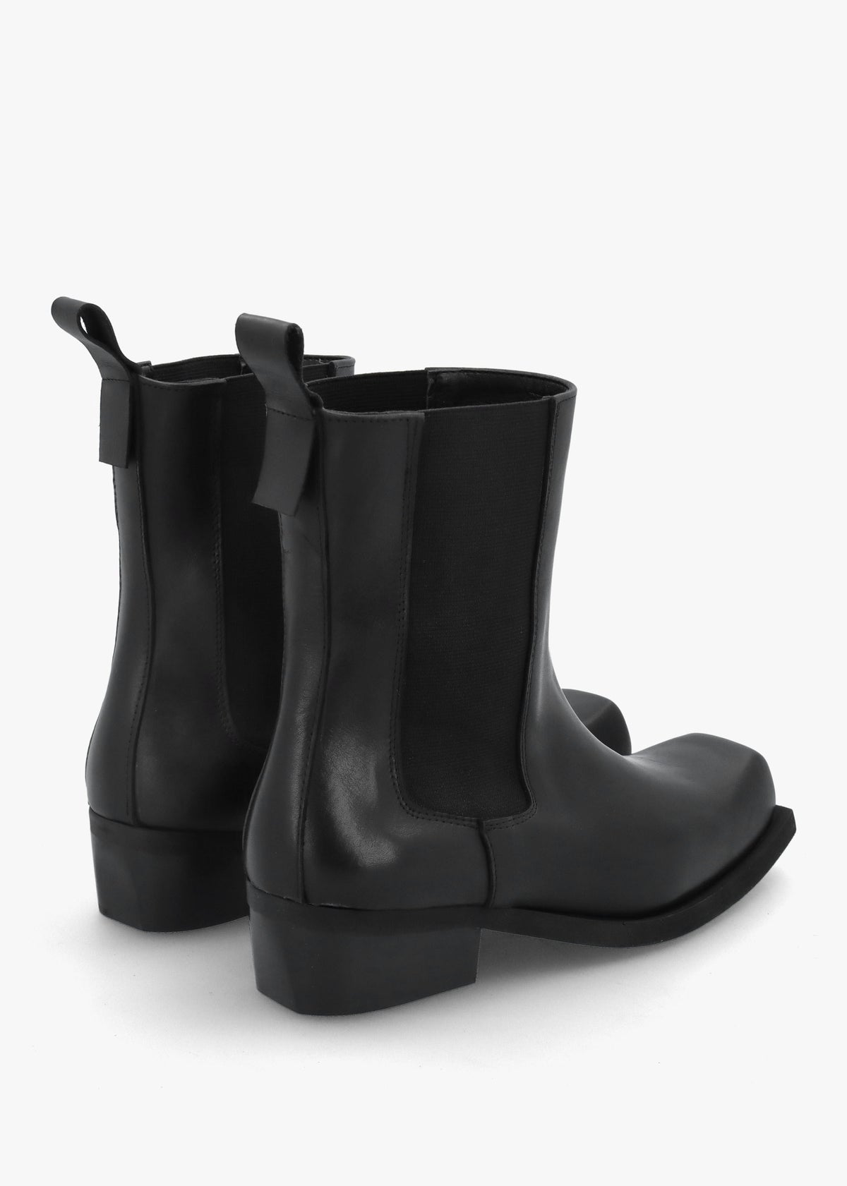 Black Leather Square Toe Stacked Heel Chelsea Boots