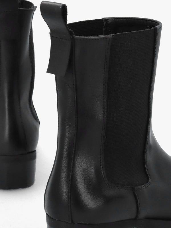 Black Leather Square Toe Stacked Heel Chelsea Boots