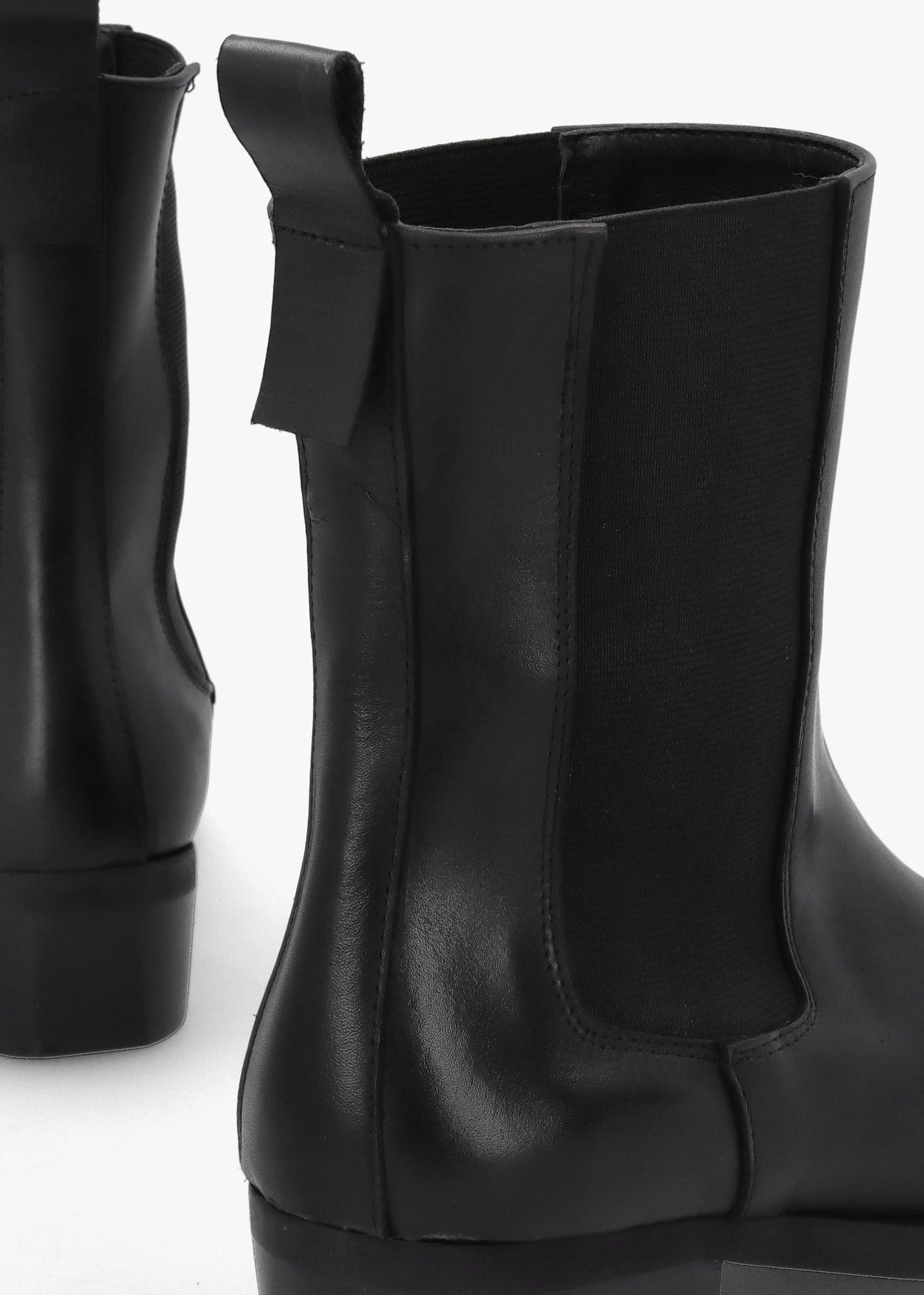 Black Leather Square Toe Stacked Heel Chelsea Boots
