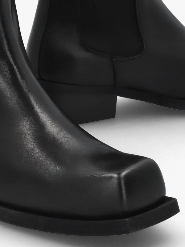 Black Leather Square Toe Stacked Heel Chelsea Boots