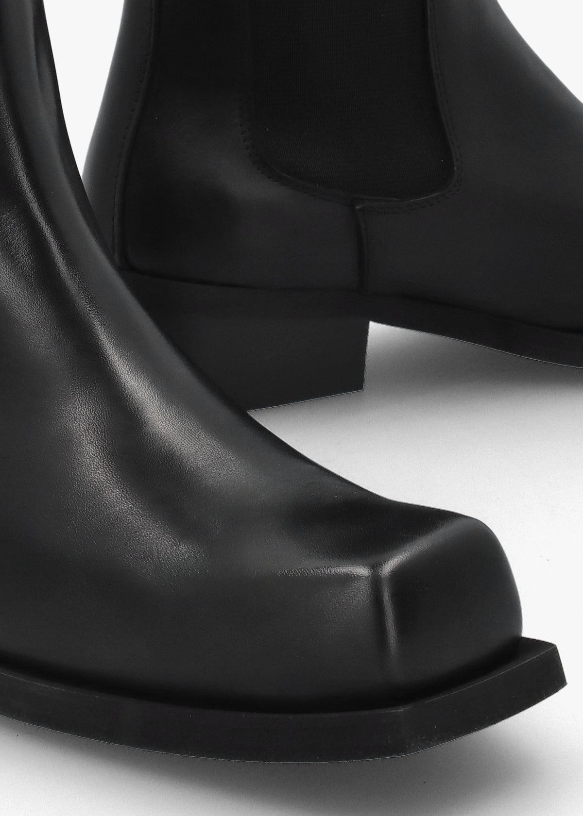 Black Leather Square Toe Stacked Heel Chelsea Boots