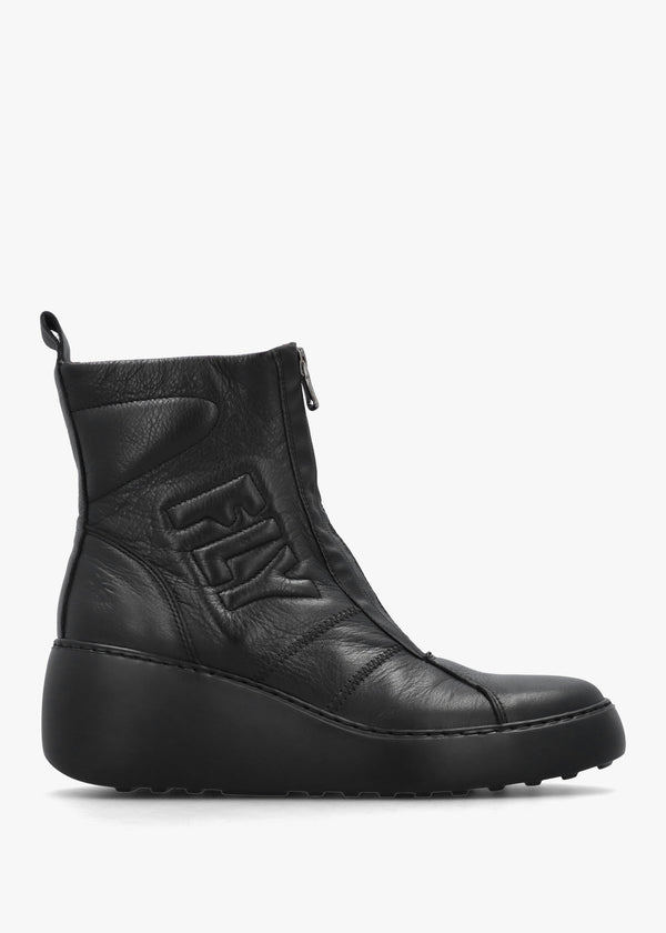 Drim Black Leather Logo Wedge Ankle Boots