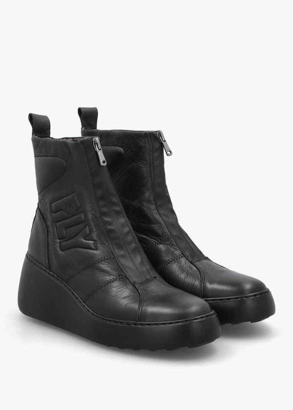 Drim Black Leather Logo Wedge Ankle Boots