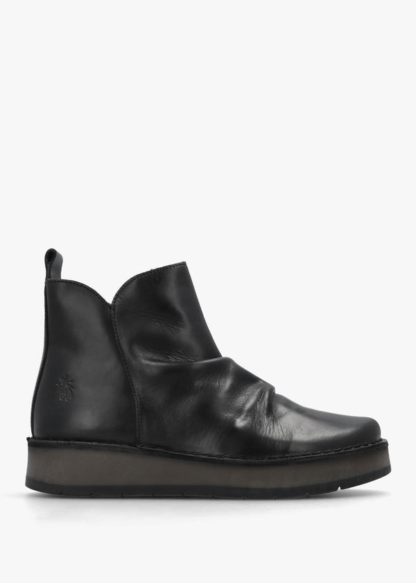 Ruji Black Leather Shaped Topline Ankle Boots