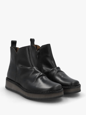 Ruji Black Leather Shaped Topline Ankle Boots