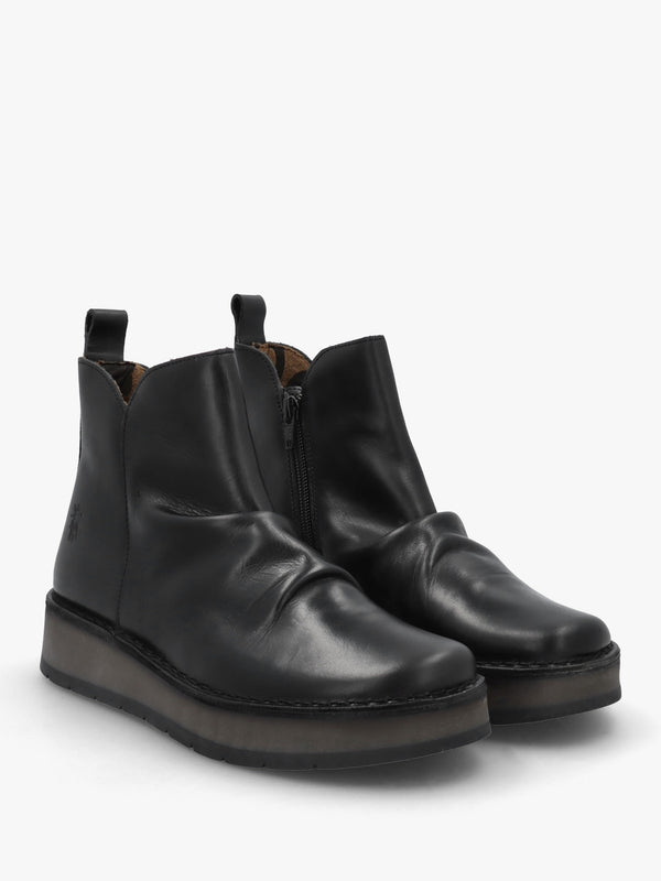 Ruji Black Leather Shaped Topline Ankle Boots