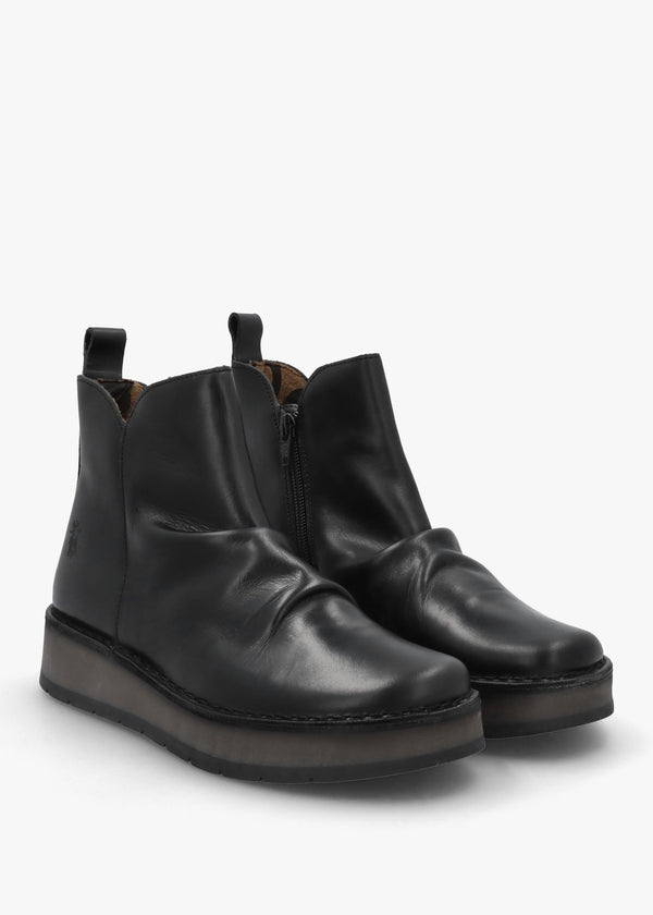 Ruji Black Leather Shaped Topline Ankle Boots