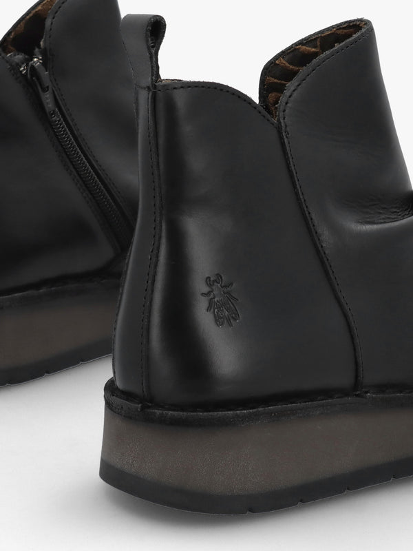 Ruji Black Leather Shaped Topline Ankle Boots