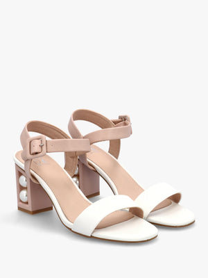 Sandypearl Nude & White Leather Heeled Sandals
