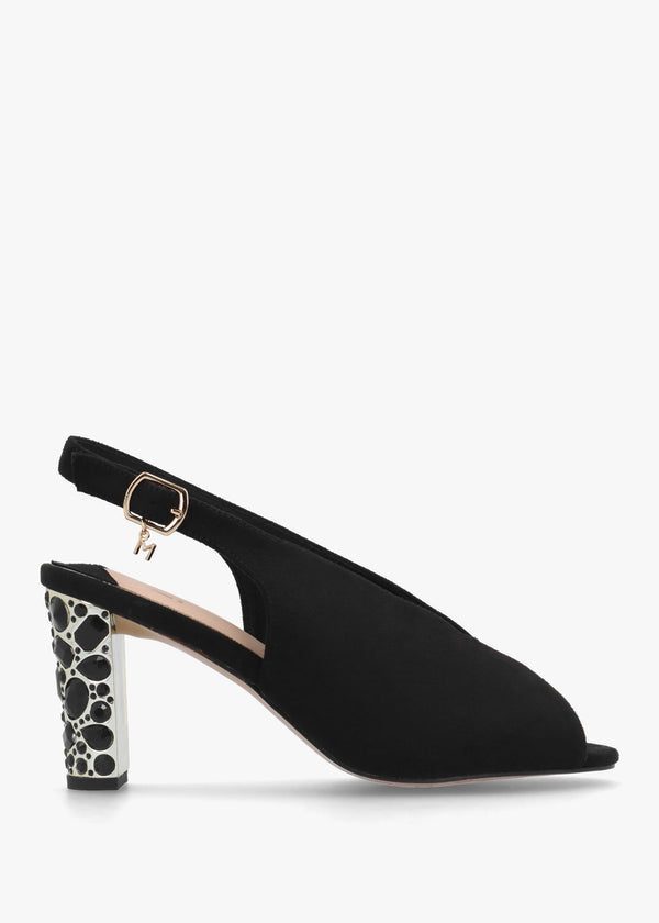 Maeva Black Suedette Jewelled Heel Sling Back Sandals