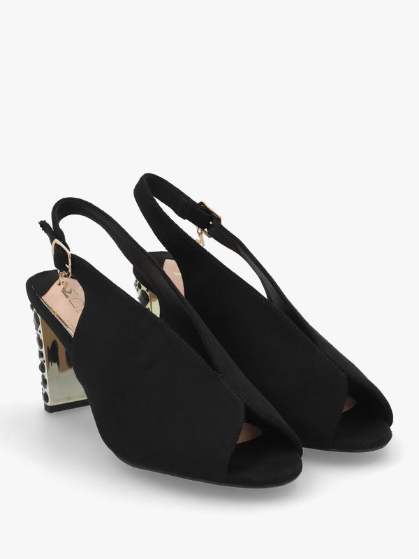 Maeva Black Suedette Jewelled Heel Sling Back Sandals