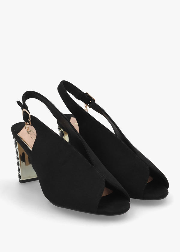 Maeva Black Suedette Jewelled Heel Sling Back Sandals