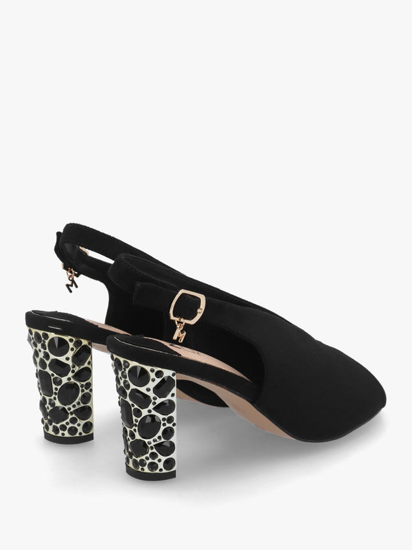 Maeva Black Suedette Jewelled Heel Sling Back Sandals