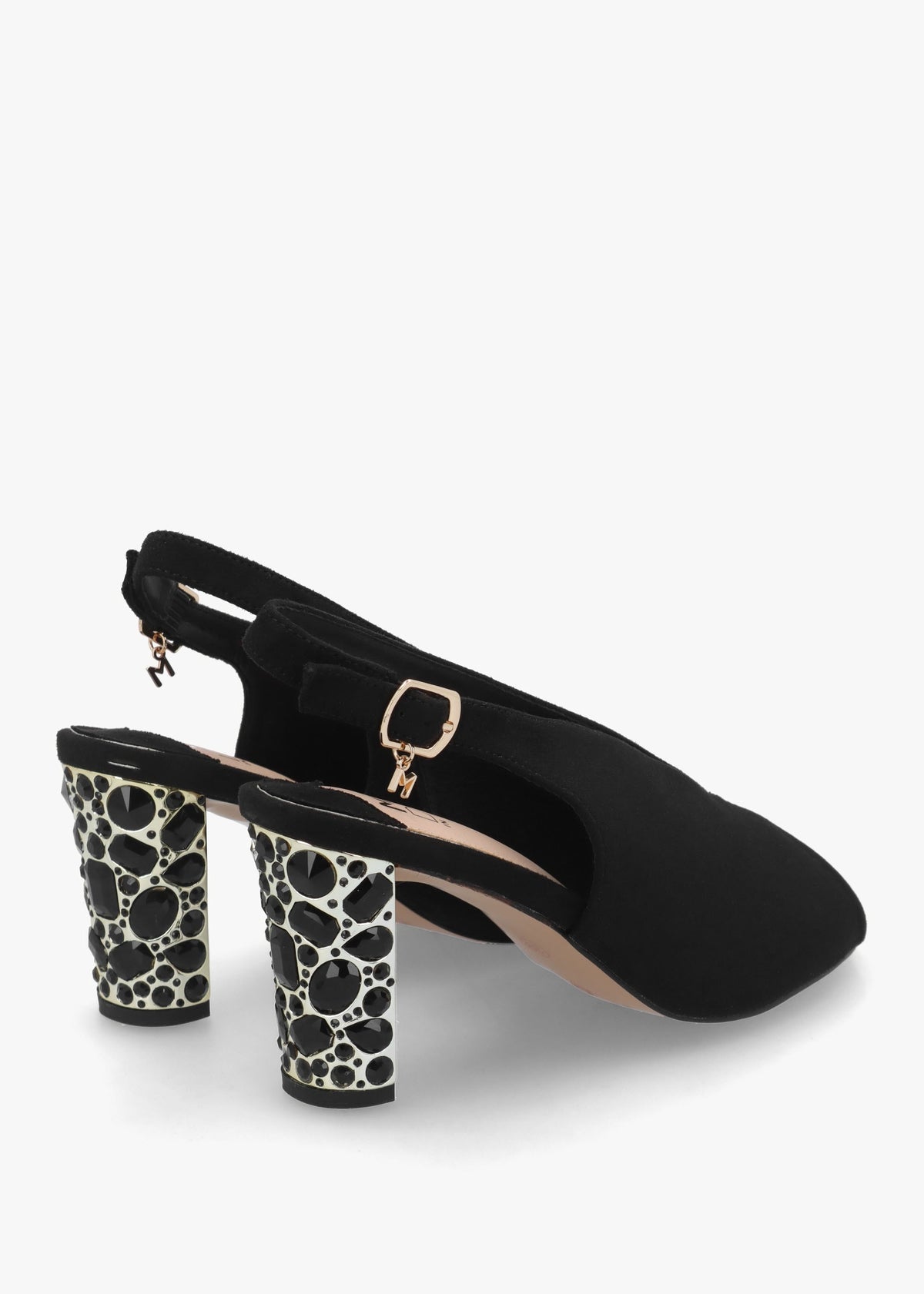 Maeva Black Suedette Jewelled Heel Sling Back Sandals
