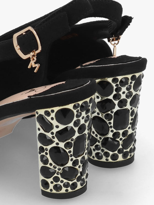 Maeva Black Suedette Jewelled Heel Sling Back Sandals