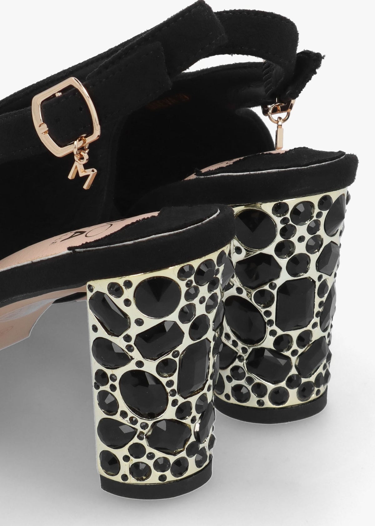 Maeva Black Suedette Jewelled Heel Sling Back Sandals