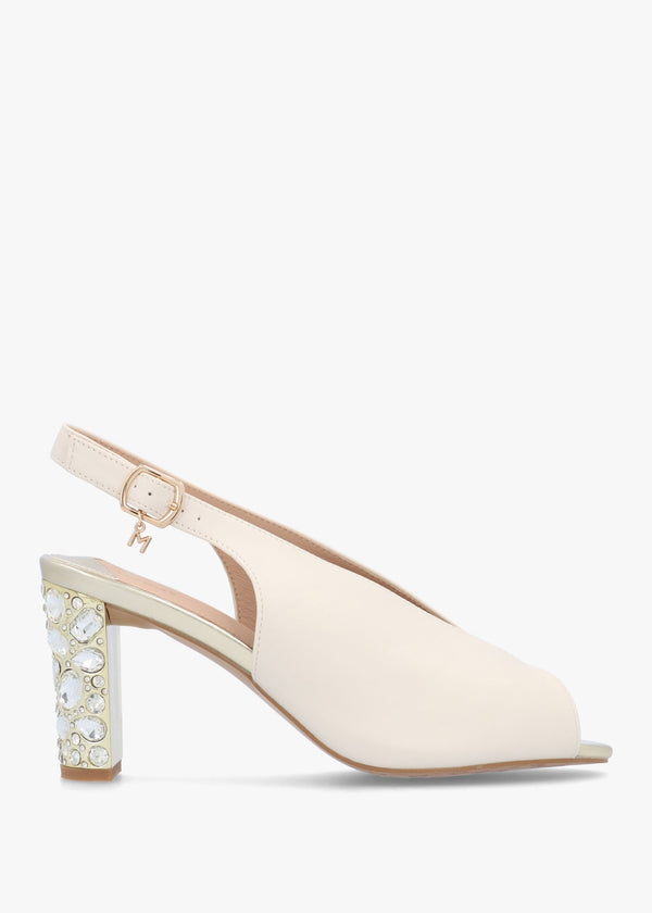 Maeva Cream Jewelled Heel Sling Back Sandals