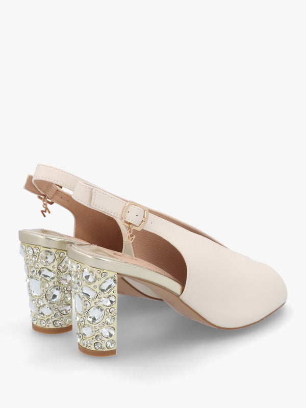 Maeva Cream Jewelled Heel Sling Back Sandals