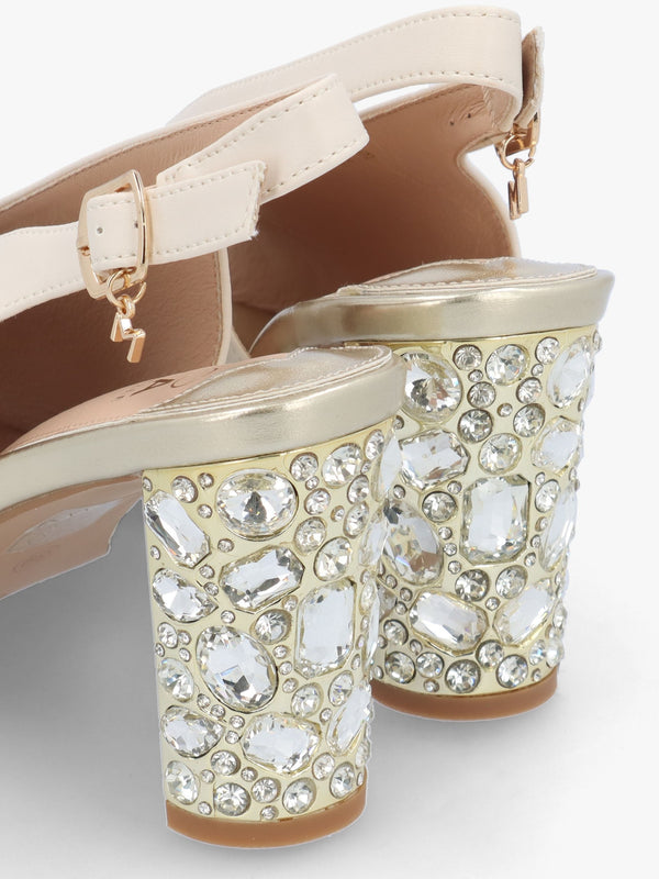 Maeva Cream Jewelled Heel Sling Back Sandals
