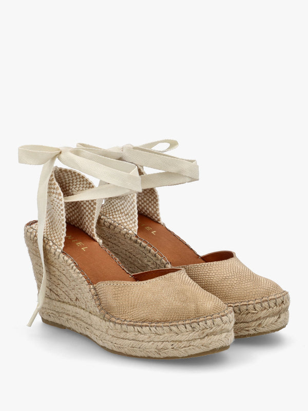 Marken II Beige & Gold Leather Reptile Wedge Espadrilles