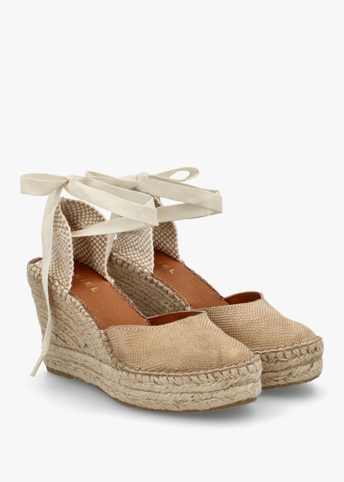 Marken II Beige & Gold Leather Reptile Wedge Espadrilles