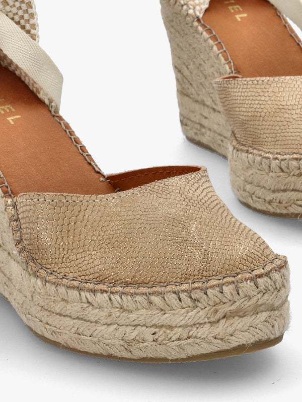 Marken II Beige & Gold Leather Reptile Wedge Espadrilles