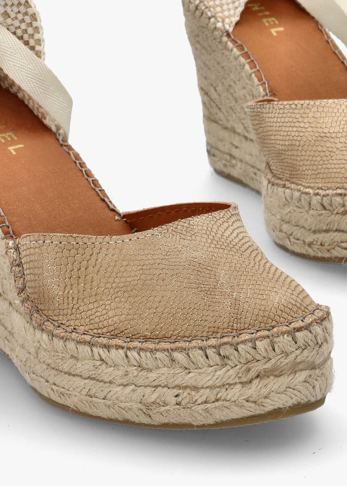 Marken II Beige & Gold Leather Reptile Wedge Espadrilles