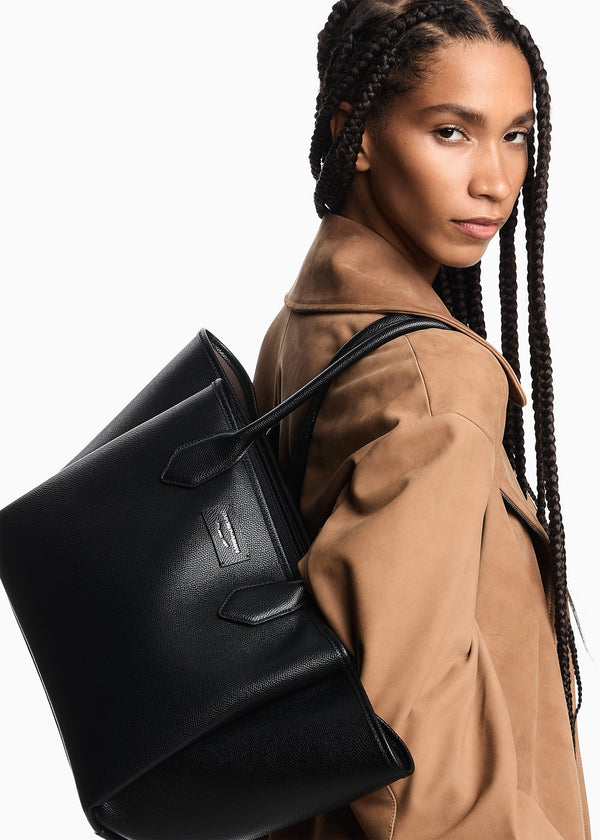 Grana Black Leather Winged Shopper Bag