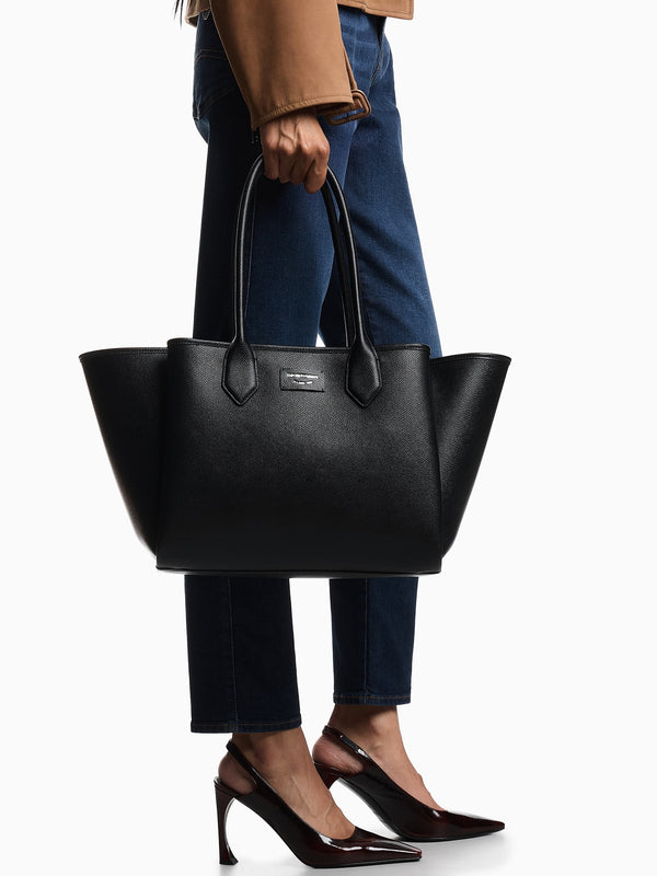 Grana Black Leather Winged Shopper Bag