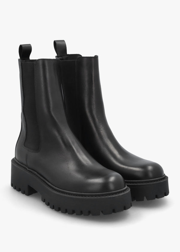 Black Leather High Shaft Chunky Chelsea Boots