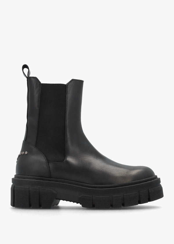 Black Leather Studded Chunky Chelsea Boots