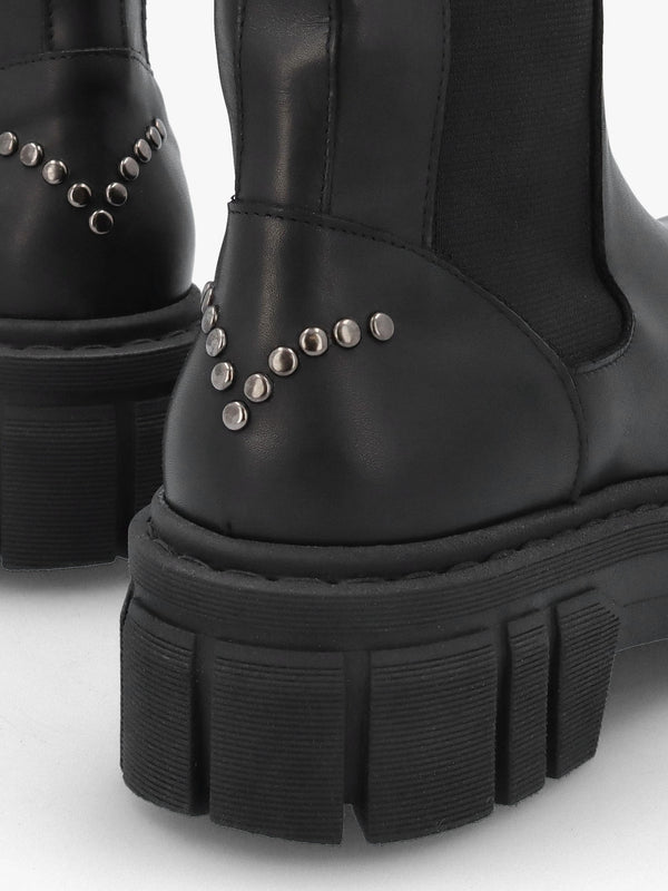 Black Leather Studded Chunky Chelsea Boots