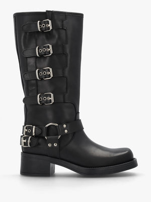 Black Leather Multi Buckle Biker Knee Boots