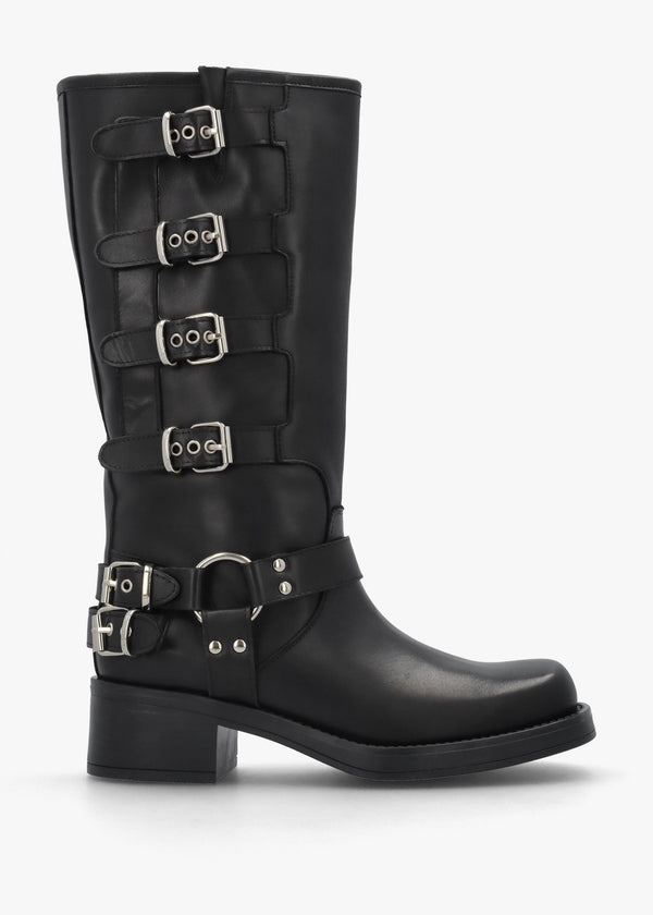 Black Leather Multi Buckle Biker Knee Boots