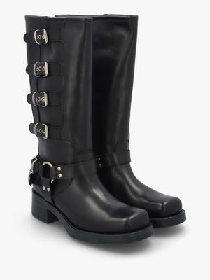 Black Leather Multi Buckle Biker Knee Boots