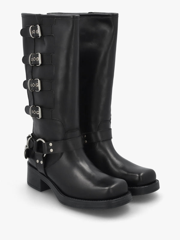 Black Leather Multi Buckle Biker Knee Boots